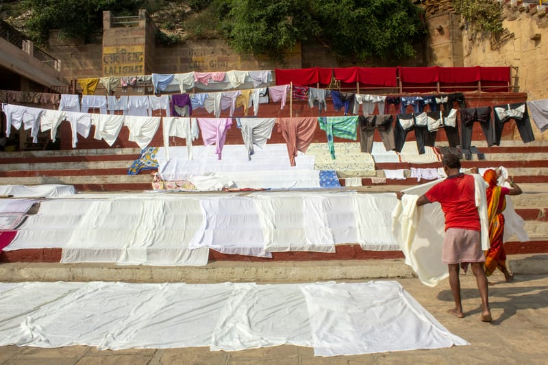 Laundry drying after being washed at the Banaras Ghat.