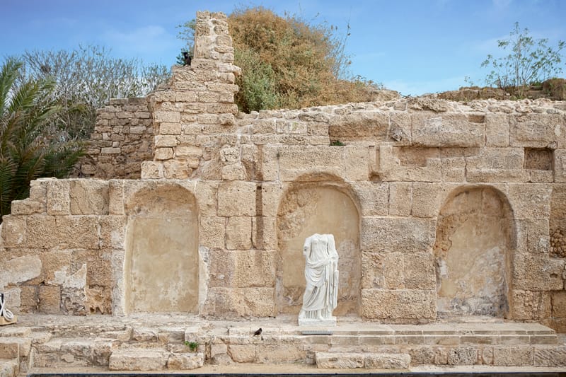 The Roman period stone ruins of the villas and city streets in Caesaria Maritima, Israel.