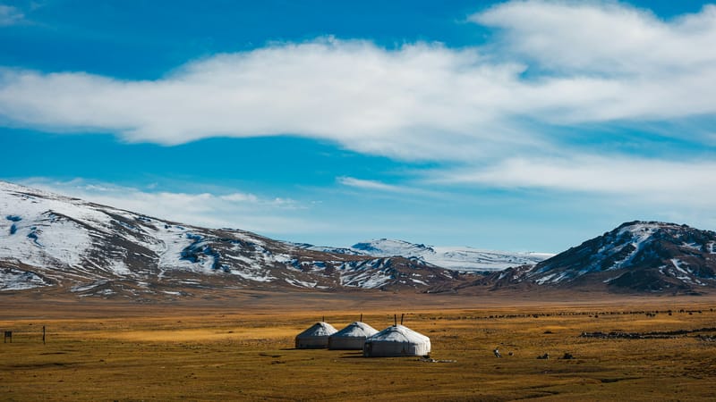 Gers on the golden Altai steppe below snow-capped peaks, the remote setting that shapes how expensive Mongolia gets
