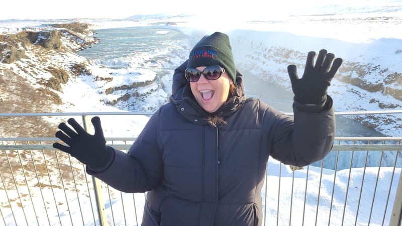 Inspiring Vacations traveller, Judy B visits Gullfoss Waterfall, a must-see for first-time visitors to Iceland exploring the Golden Circle