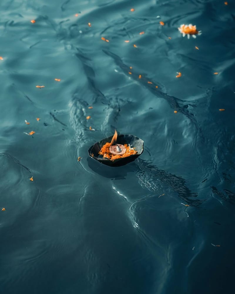 An offering floating in the Ganges River.