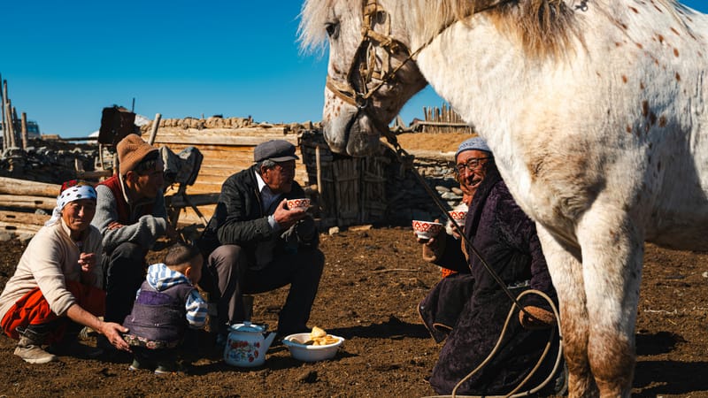 A nomadic family shares tea and snacks beside their horse, the kind of welcome that defines rural Mongolia