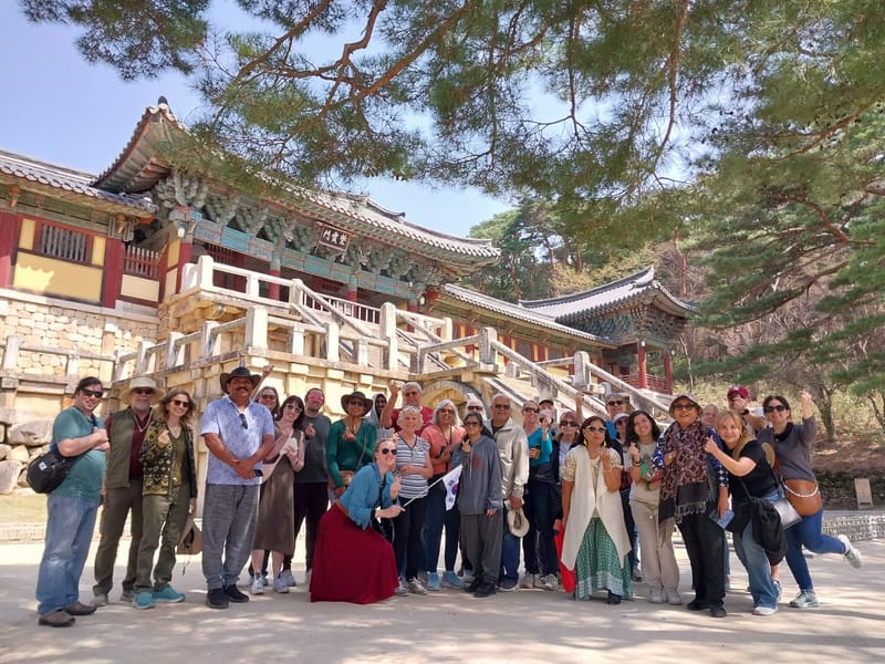 An Inspiring Vacations' group at the entrance of Bulguksa Temple in Gyeongju, after a visit to the historic site
