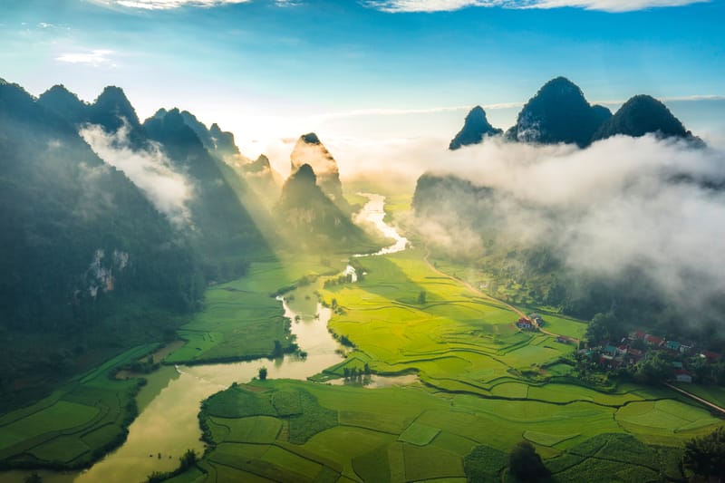 Scenic rice fields and river in NinhBinh.