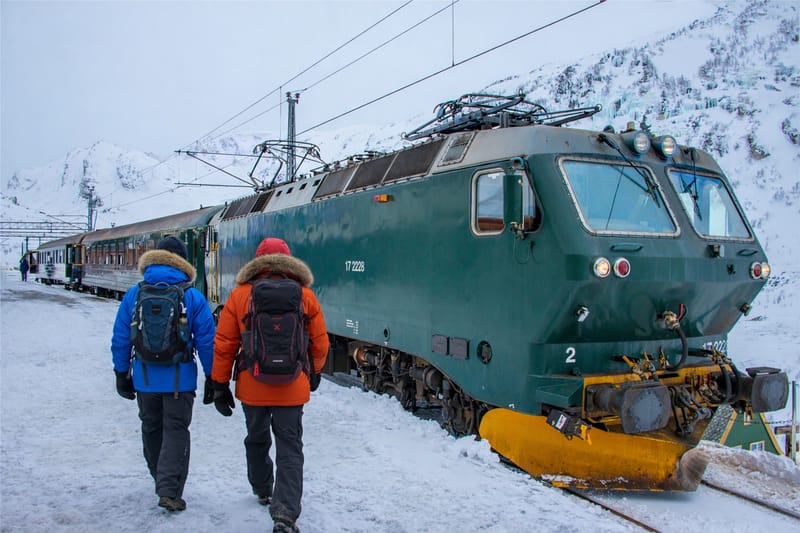 The Fl&aring;msbana winds through steep mountain terrain on its descent to the Aurlandsfjord, one of the world's most scenic rail journeys.