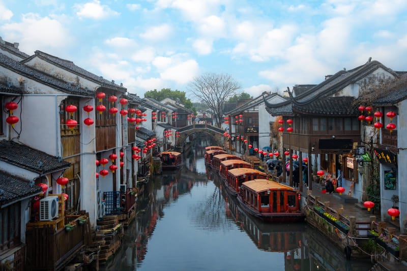 Boats on a canal in Suzhou Old Town, China