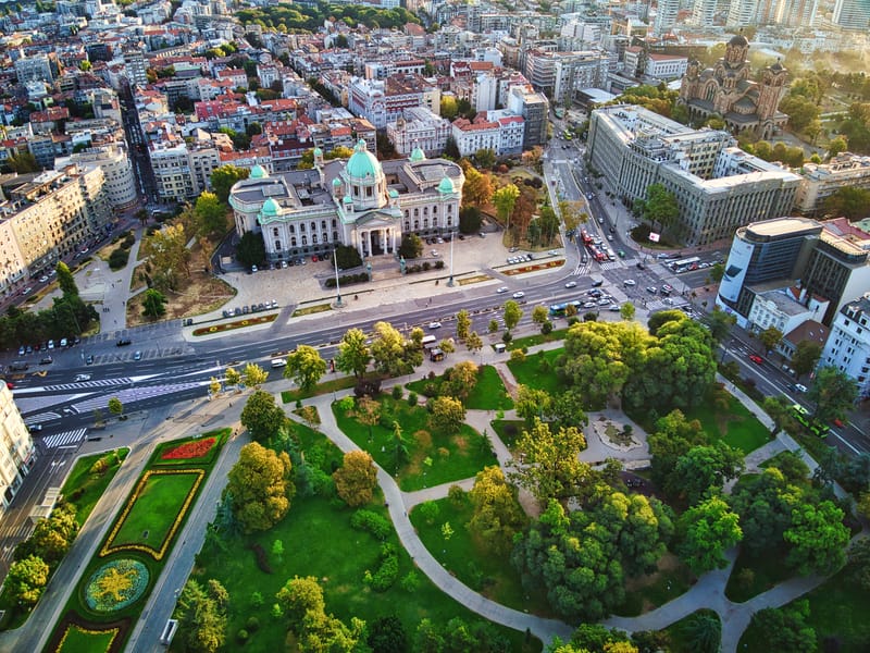 Sunrise Over Belgrade, Illuminating the National Assembly of Serbia in the Heart of the City