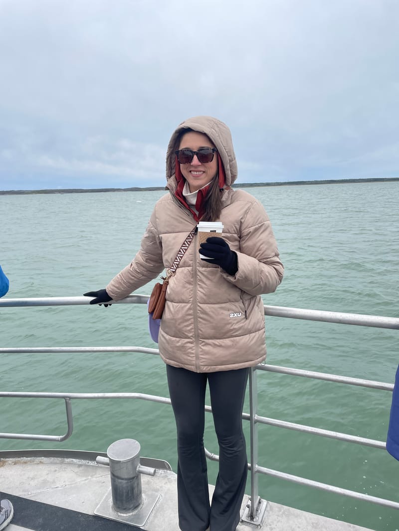 Bree keeping warm on a beluga whale boat tour (Photo: supplied)