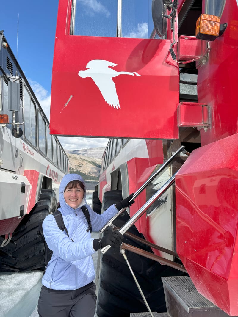 Kate boarding the snow truck on the Athabasca Glacier (Photo: supplied)