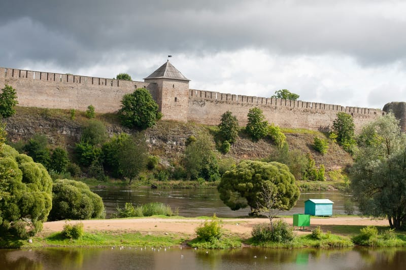 Hermann Castle in Narva, eastern Estonia, faces the Russian-built Ivangorod Fortress across the river, creating one of Europe's most striking border scenes.