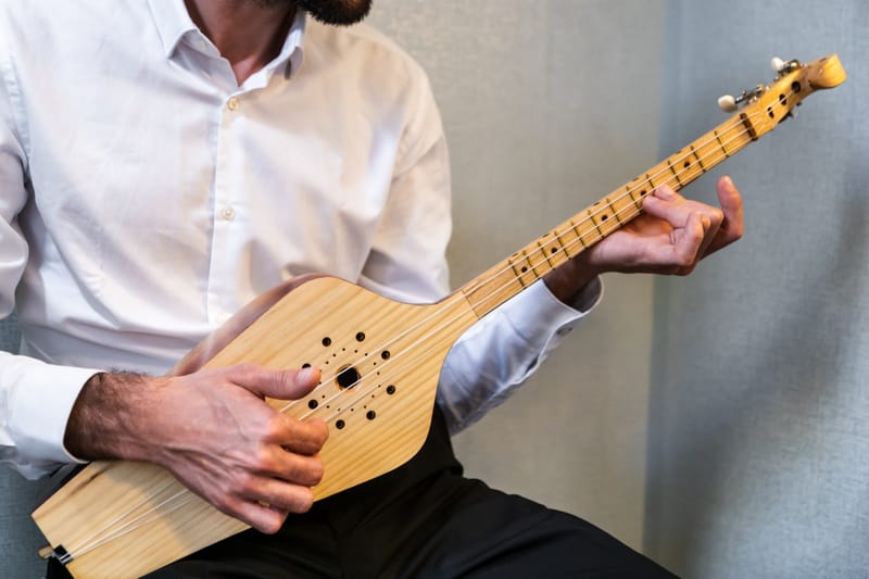 Close-up of a panduri, a traditional string instrument from Georgia