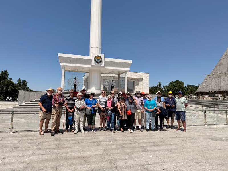 A Five Stans Unveiled tour group visit Bishkek's Victory Monument (Supplied: Aleisha B)