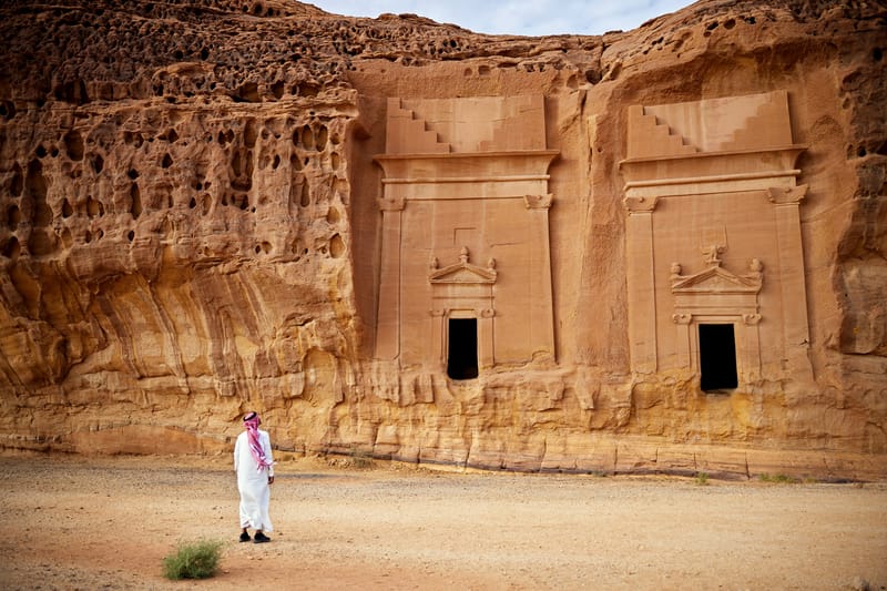 Exploring the ancient tombs of Jabal Al-Ahmar in Al-Ula during the cooler months, an ideal time to visit Saudi Arabia