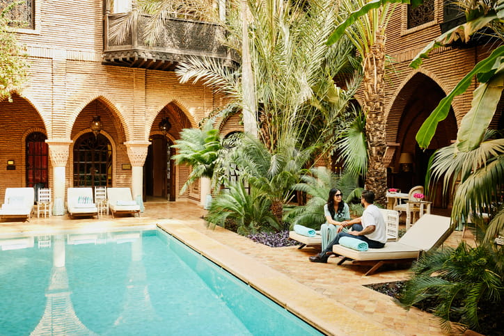 A riad's inner courtyard with plunge pool. The unassuming street entrance gives no hint of the oasis within.