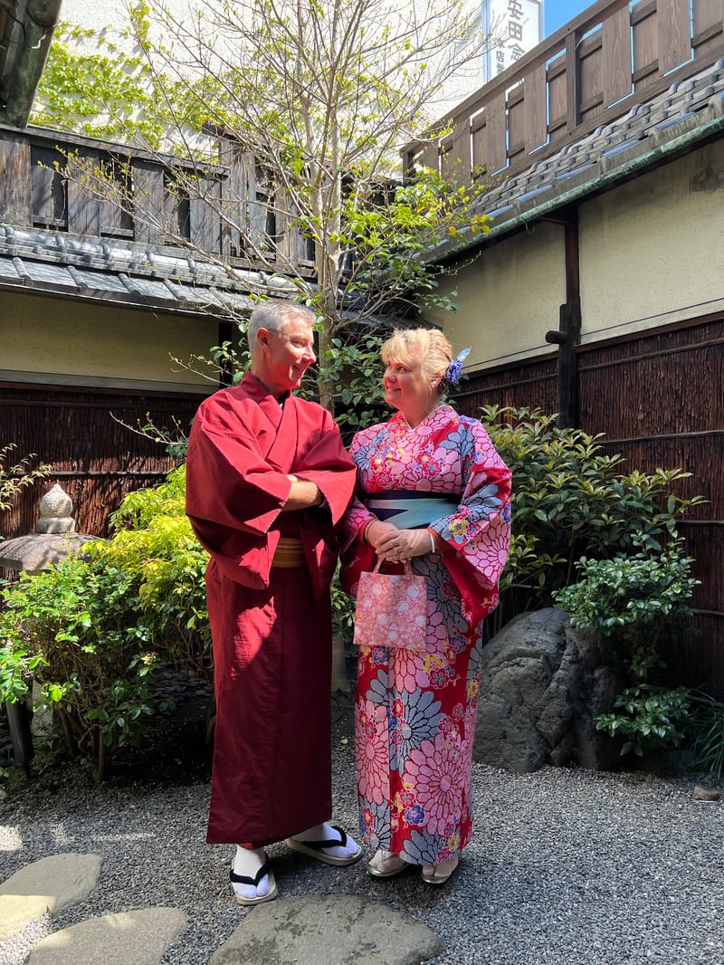 Travellers Sonia R and her companion wearing kimonos during a free afternoon in Kyoto