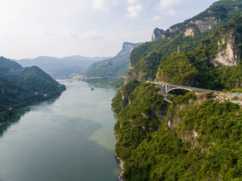 Majestic view of Qutang Gorge showing towering cliffs and narrow river channel along the Yangtze