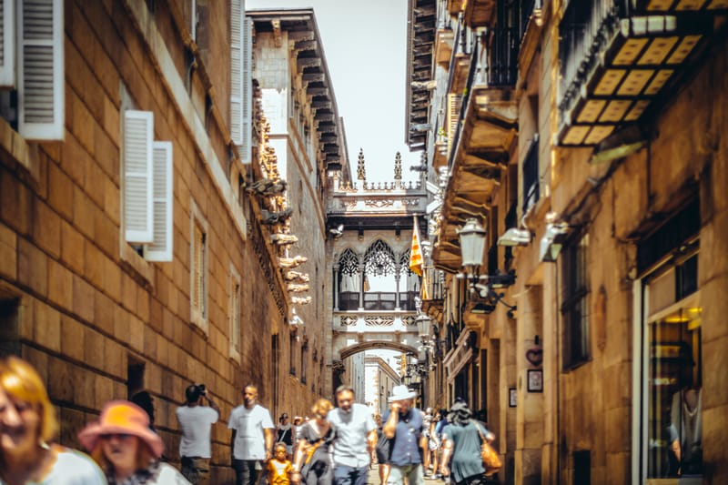 Pont del Bisbe connects two wings of the Catalan government above Carrer del Bisbe. Look for the skull in the stonework.