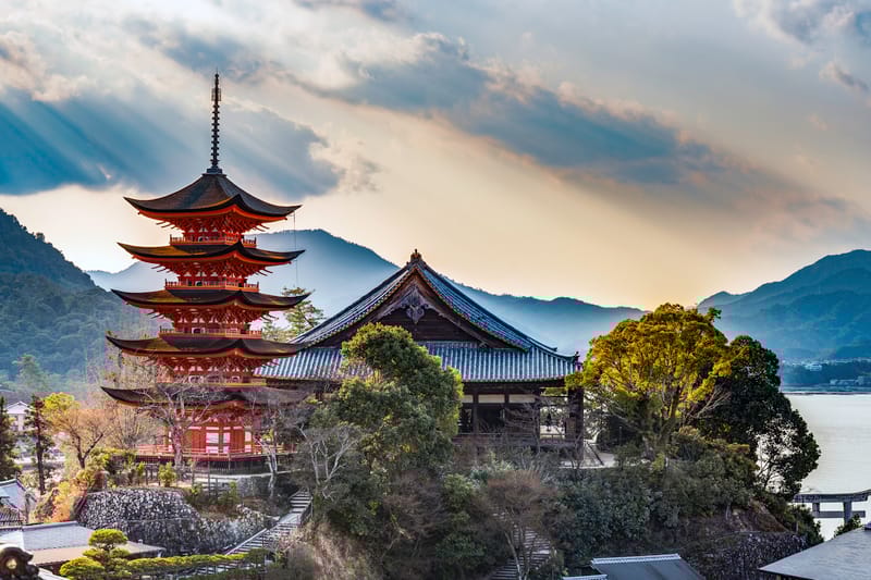 The Five-Storey Pagoda on Miyajima Island, built in 1407, stands near the iconic Itsukushima Shrine&mdash;one of Japan's most sacred Shinto sites.
